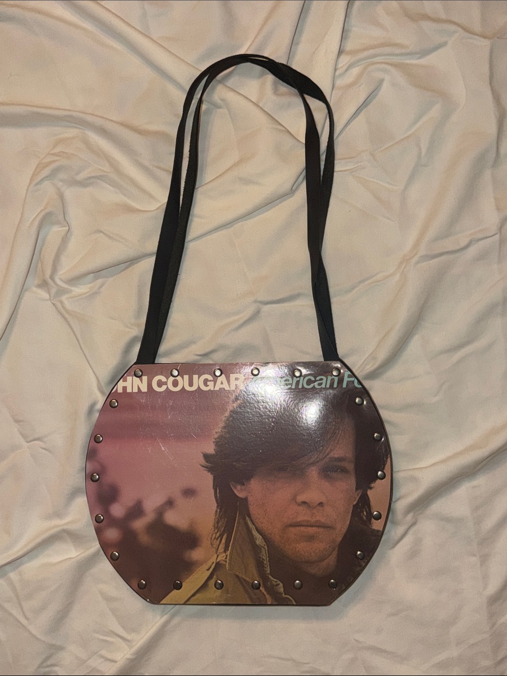 Vintage-Style Shoulder Bag made of record feat. John cougar mellencamp detail